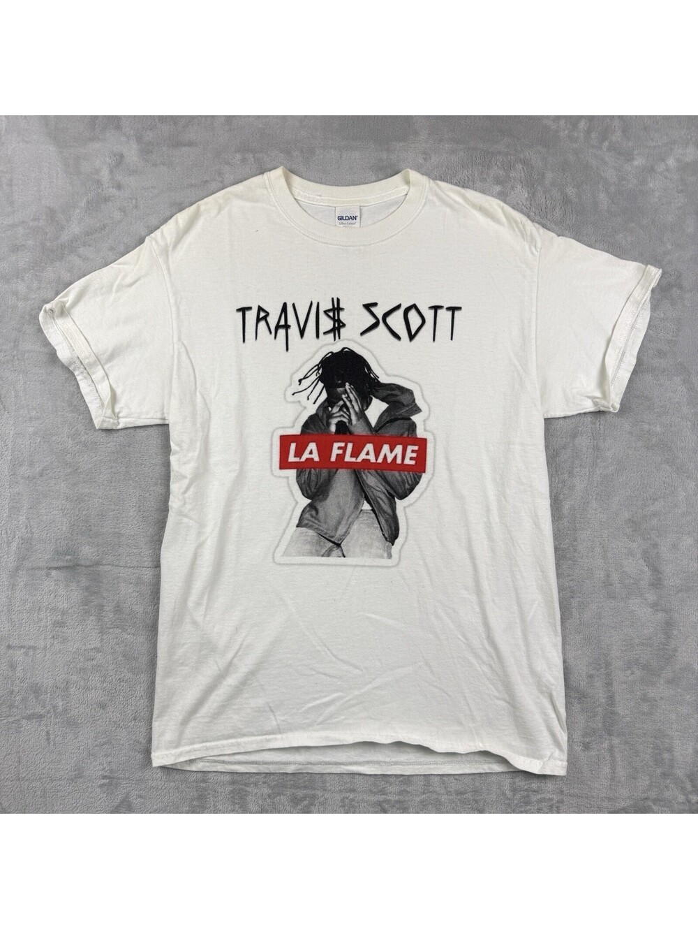 Travis Scott La Flame Graphic T Shirt White Rap Hip Hop Graphic Tee Men's M Y2K